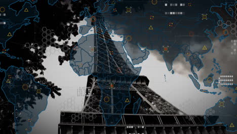 eiffel tower with digital world map and data processing animation overlay