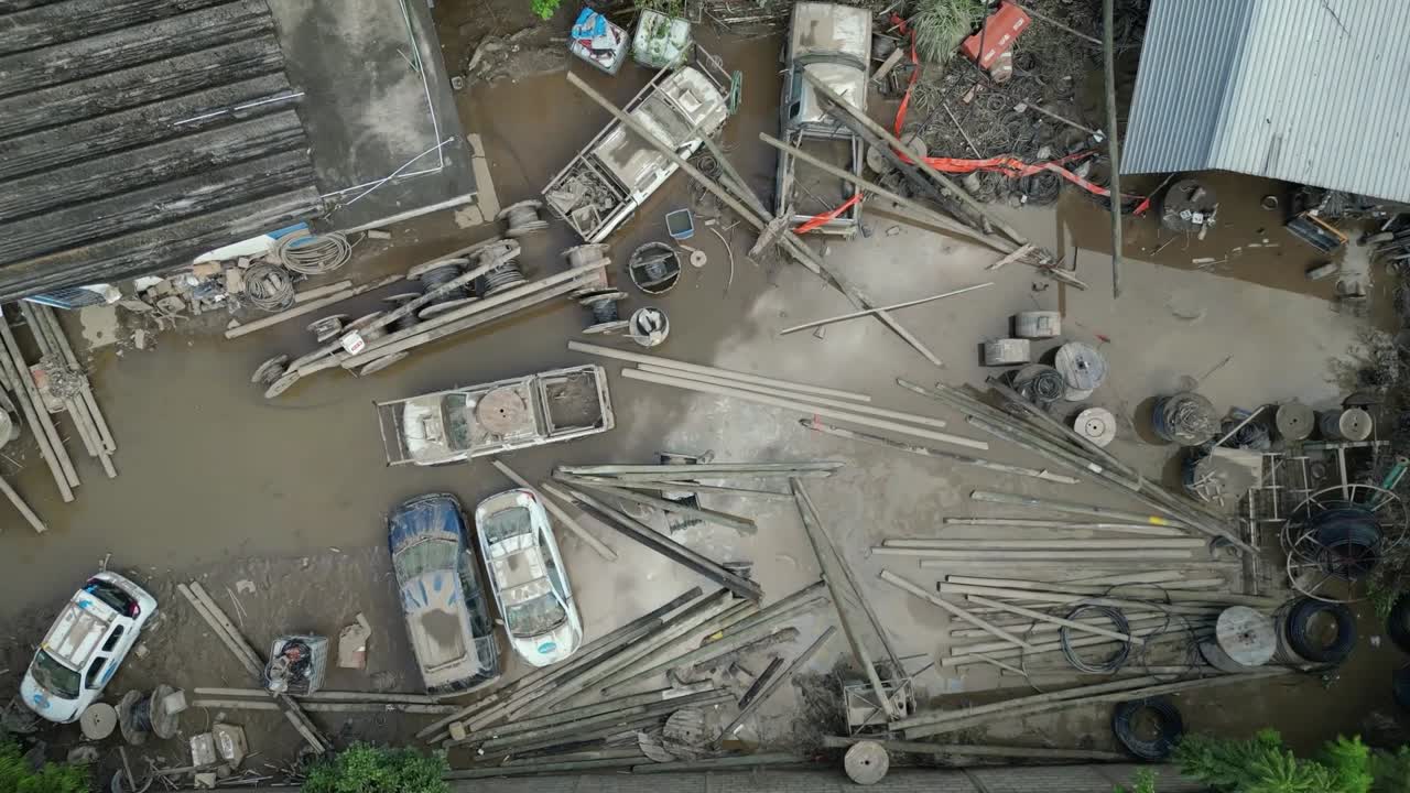 bird eye shot, destroyed houses and cars stucked by flood affections in Mexico