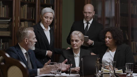 business meeting in a library setting