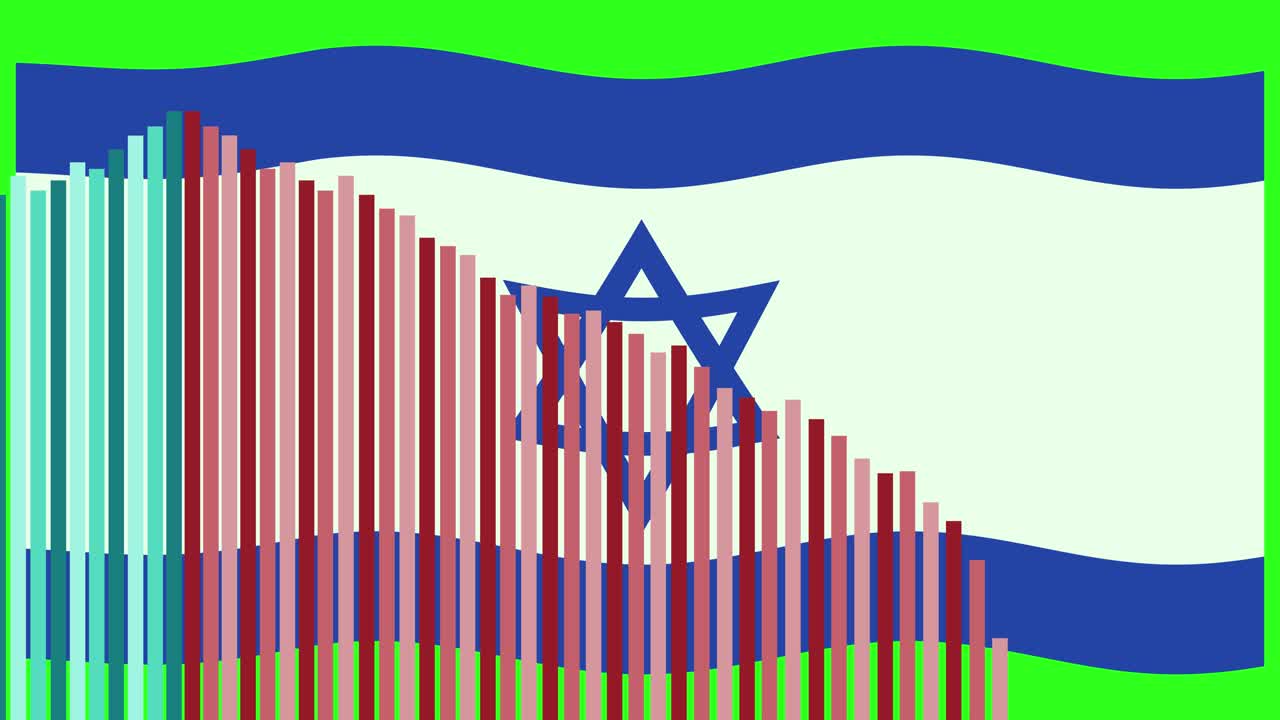 Colorful bar graph rises and falls over Israeli flag, smooth transitions, flat vector style animation