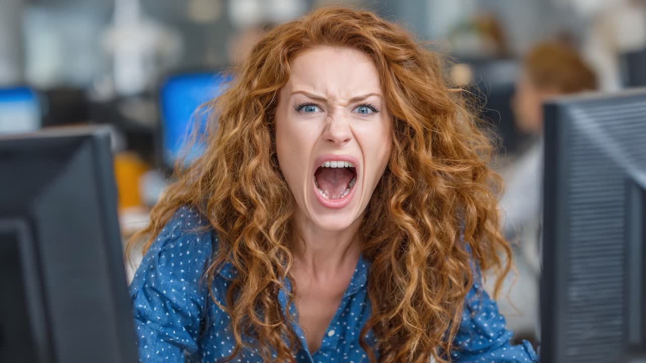 Intense Emotional Outburst: Capturing the Frustration and Anger of a Young Woman in an Office Setting, Expressing Discontent at Her Computer Screen