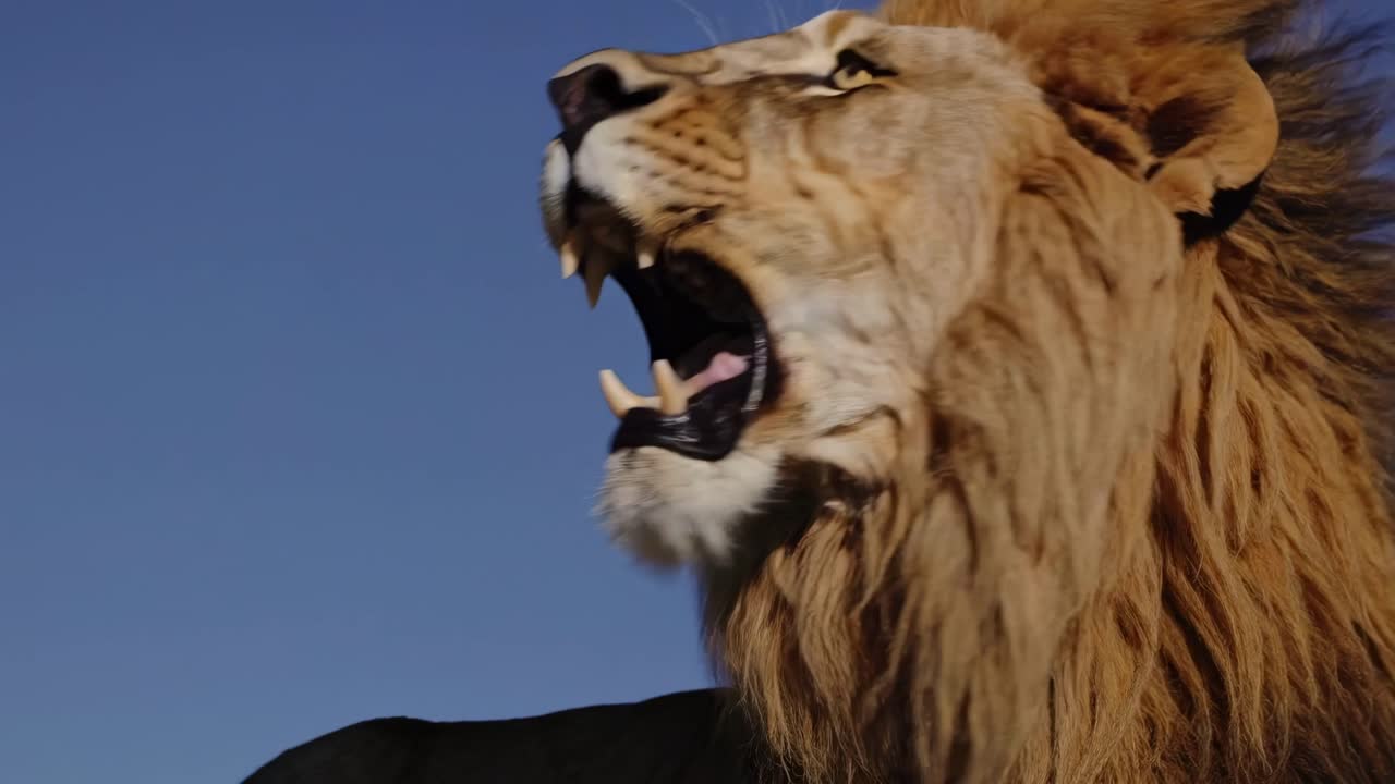 Close-up side profile of a lion against a clear blue sky, captured from a low angle