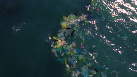 aerial birdseye flying over garbage floating on sea waters