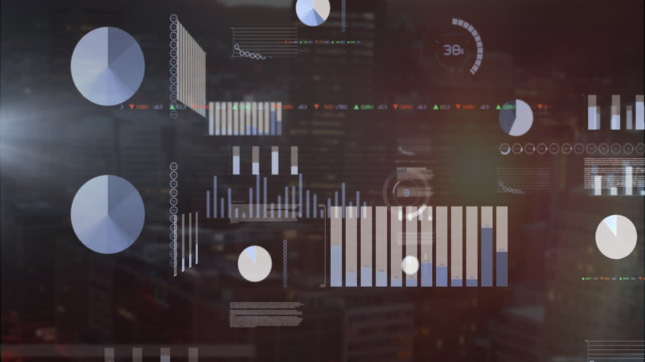 animación del procesamiento de datos estadísticos frente a una vista aérea del paisaje urbano