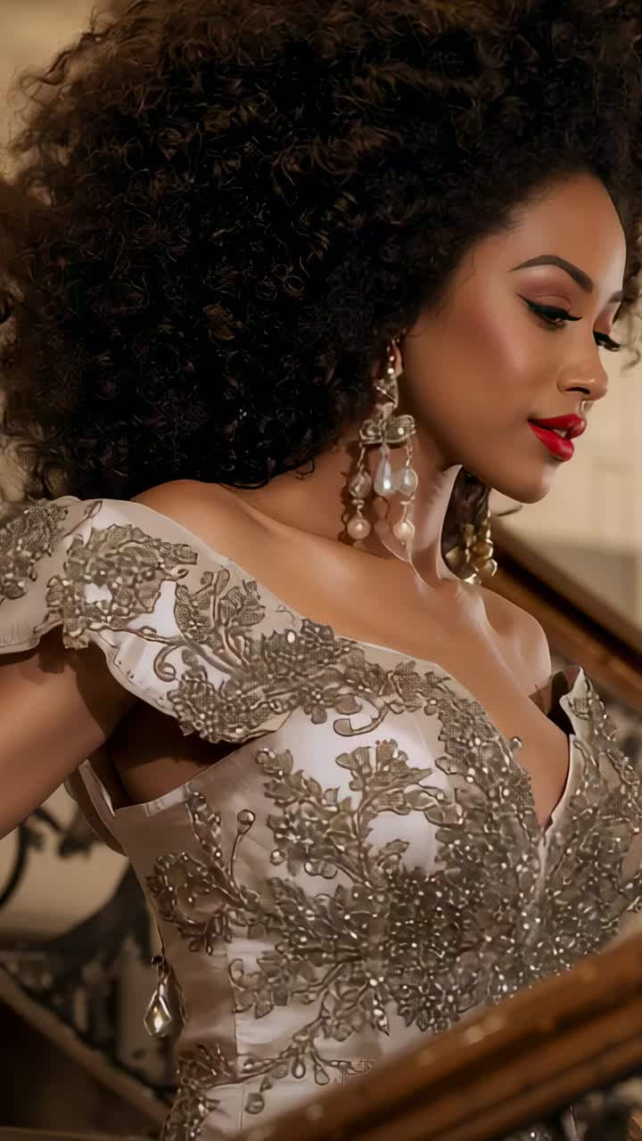 Vertical video: Turning after camera cue, model smiling in foyer, wearing beaded gown and pearls