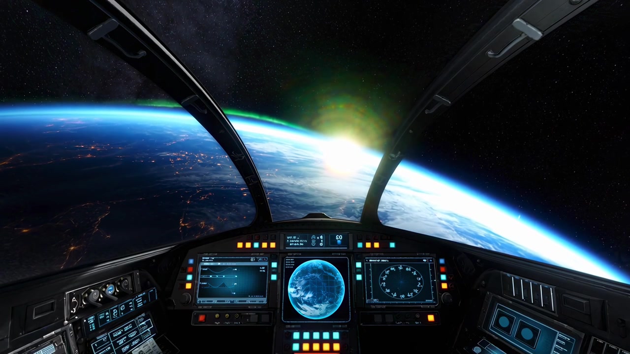 Vista dalla Cabina di Pilotaggio di un'Astronave in Orbita Attorno alla Terra all'Alba