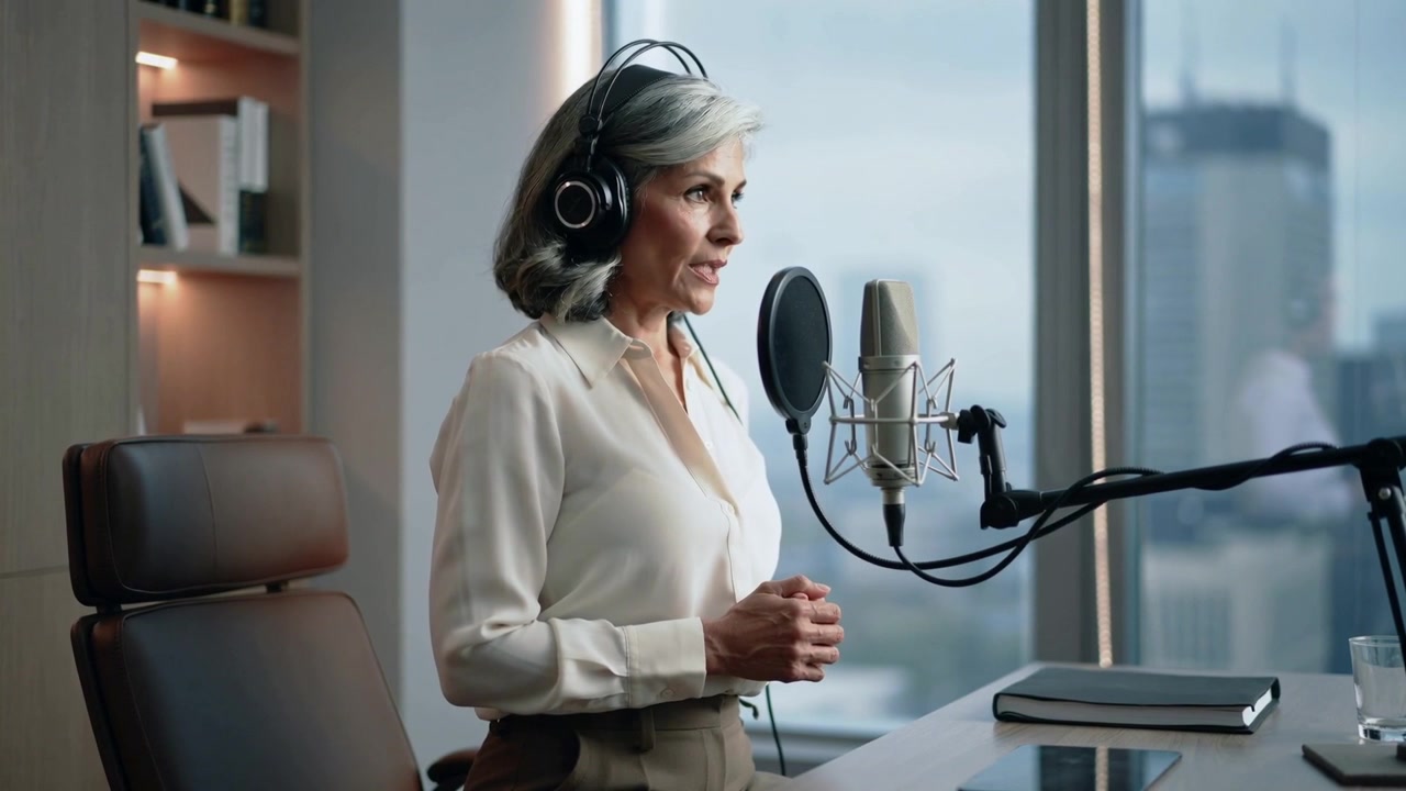 Início da gravação: senhora usando blusa e fone de ouvido falando ao microfone no escritório para podcast