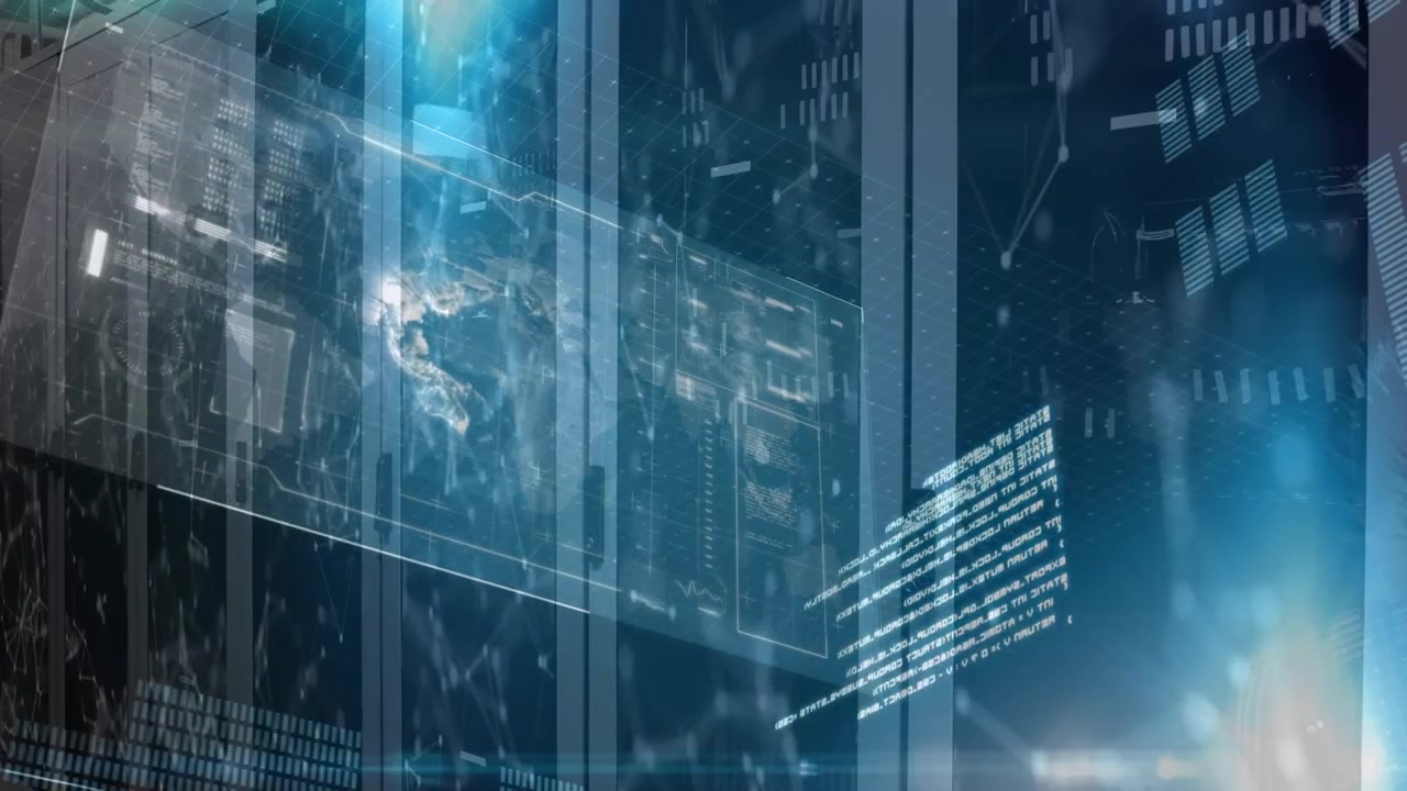 Digital Data Center Server Racks with Abstract Network Visualization