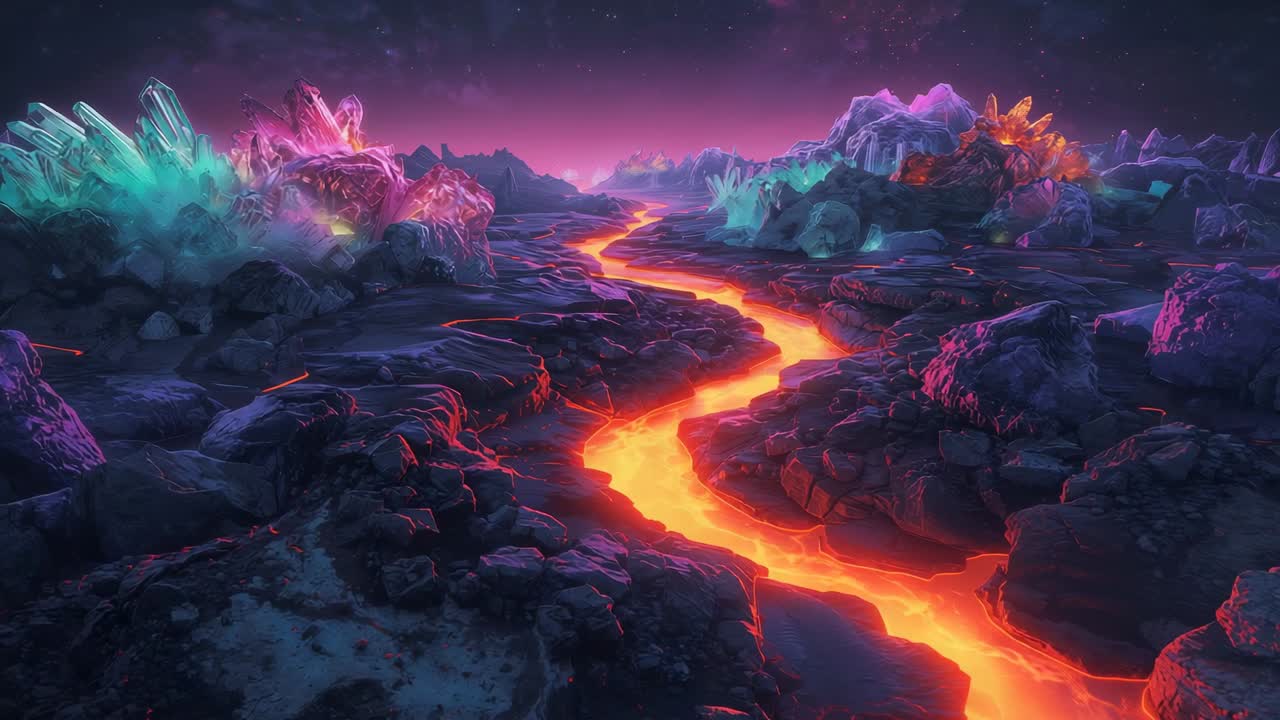 Capturing snaking molten lava river carving plain of jagged rocks, with cyan and magenta crystals