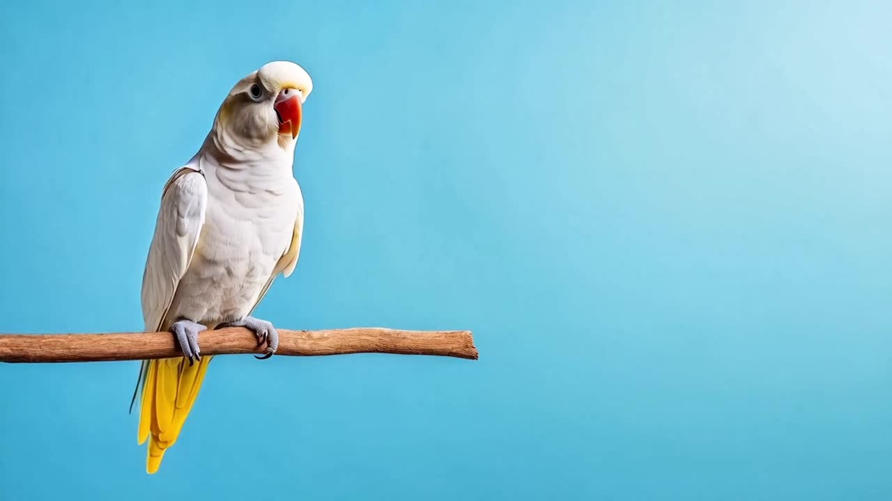 A white parrot with yellow tail feathers perched on a branch against a blue background