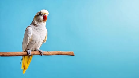 a white parrot with yellow tail feathers perched on a branch against a blue background
