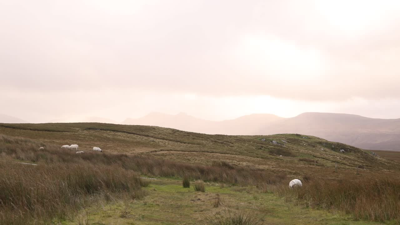 스카이 섬의 해변 언덕을 가로질러 빛나는 일몰, 스코틀랜드 고원