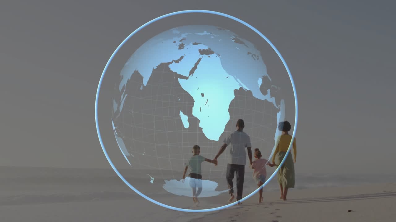 Famille marchant le long du rivage, laissant des empreintes de pas, initiant une superposition de globe visualisant un voyage