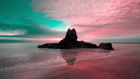 aesthetic beach view with blue and pink sky, colorful moment in natural environment of seascape, untouched nature concept