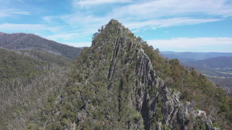 aerial flies to knife edge summit ridge of sugarloaf peak in australia