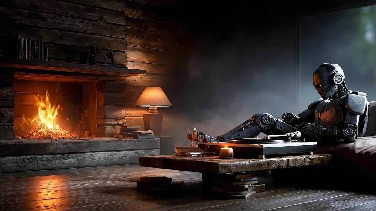 A robot sitting on a couch in front of a fireplace