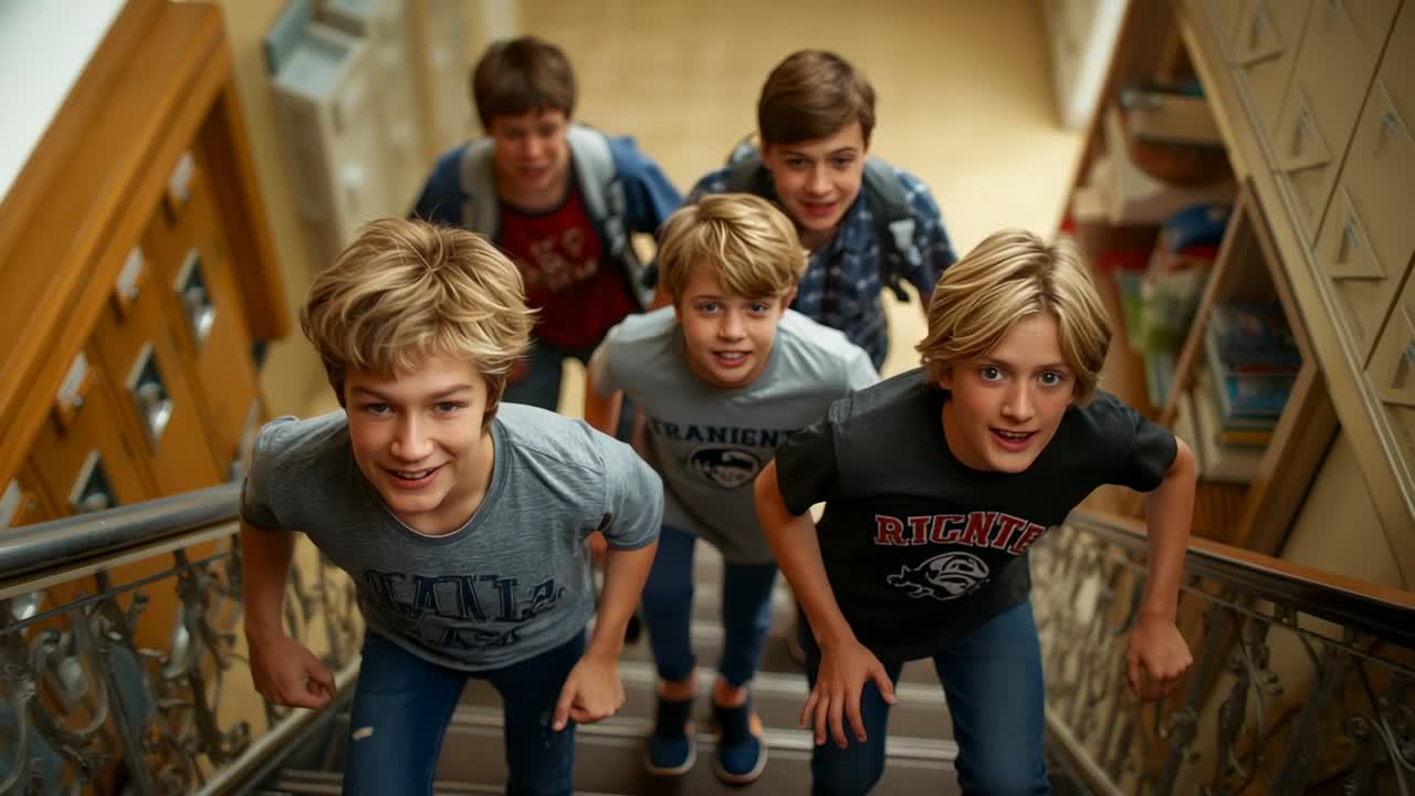 Grasping railing, five teenage boys ascending library stairs carrying backpacks toward upper level