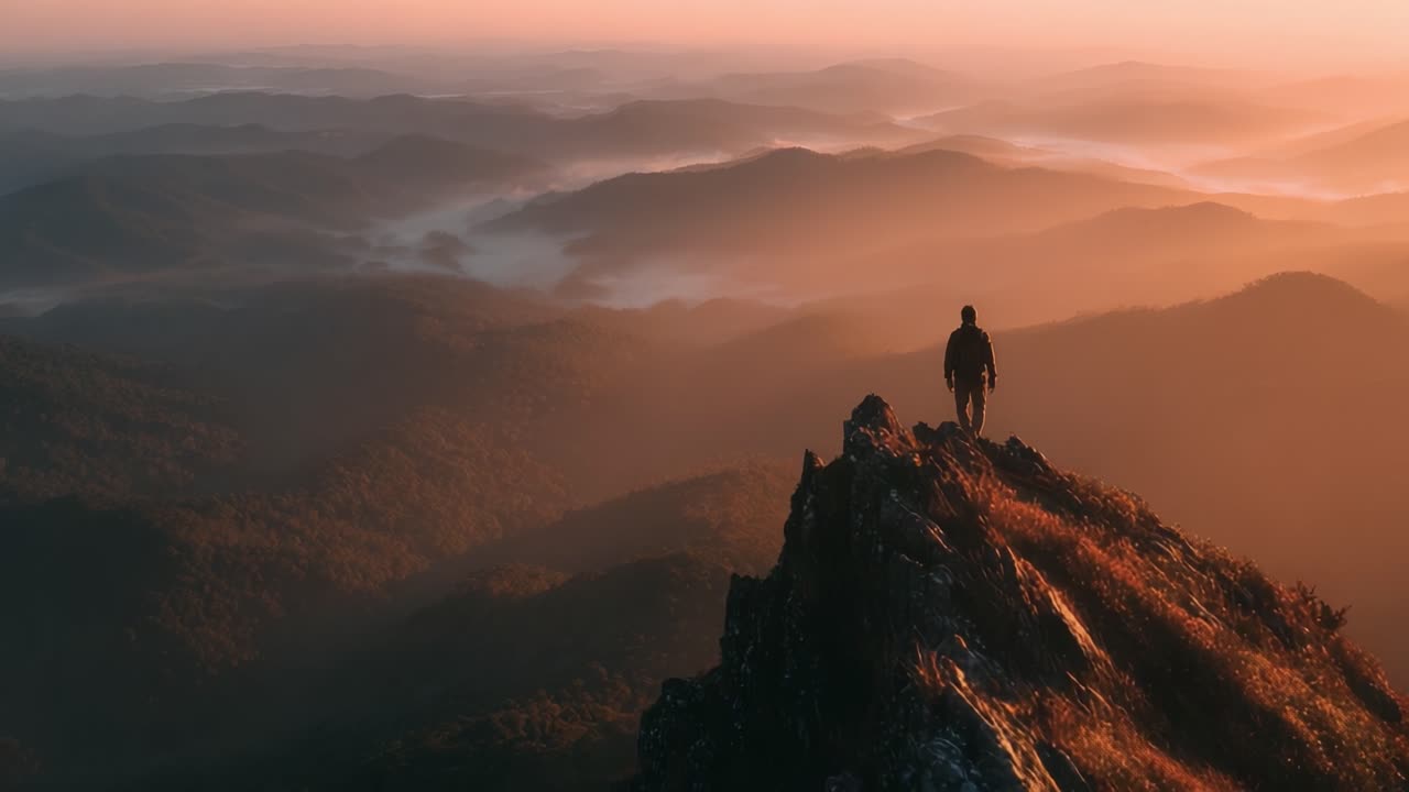 A Serene Sunset Adventure: A Lone Hiker Standing at the Edge of a Majestic Mountain Peak Overlooking a Breathtaking Landscape of Rolling Hills and Misty Valleys