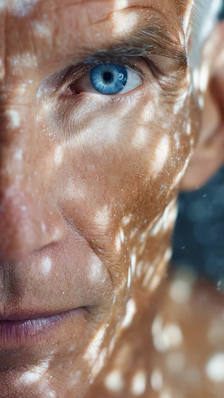 Primo piano di un uomo con sorprendenti occhi azzurri illuminati da intricati modelli di luce e ombra, catturato in modo artistico e riflessivo