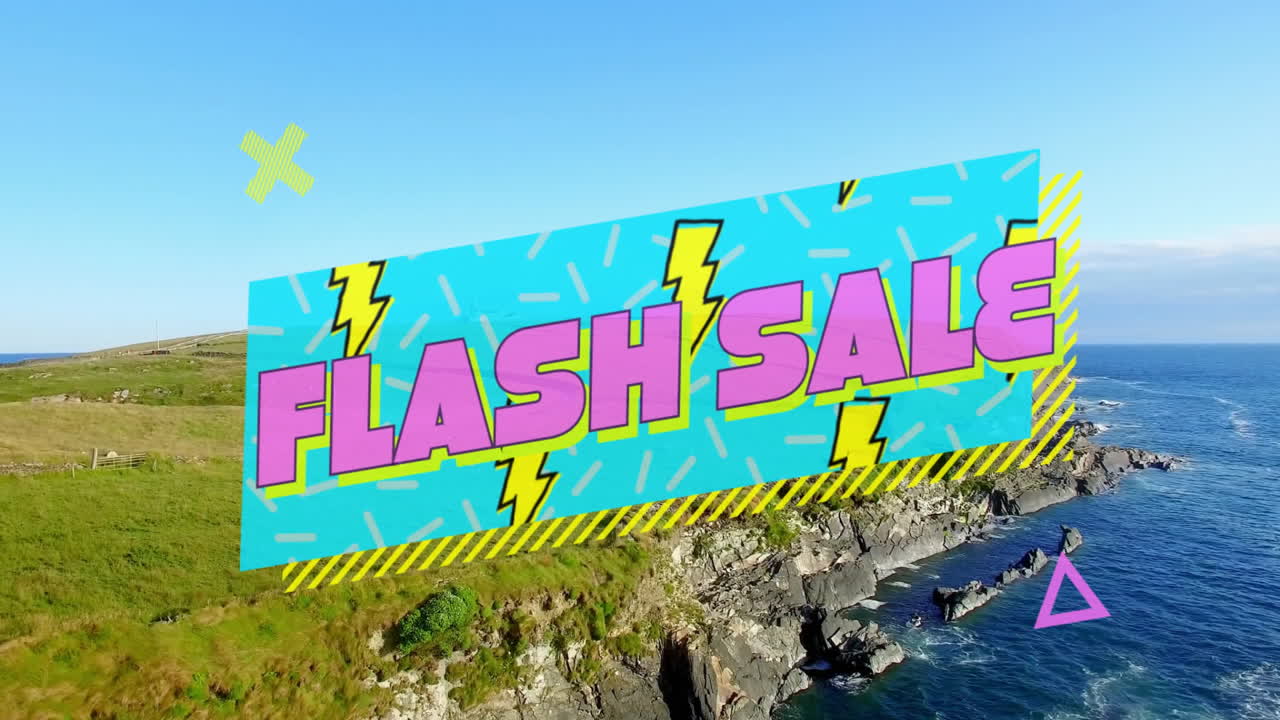 Lightning bolts in animation over coastal landscape with text for flash sale
