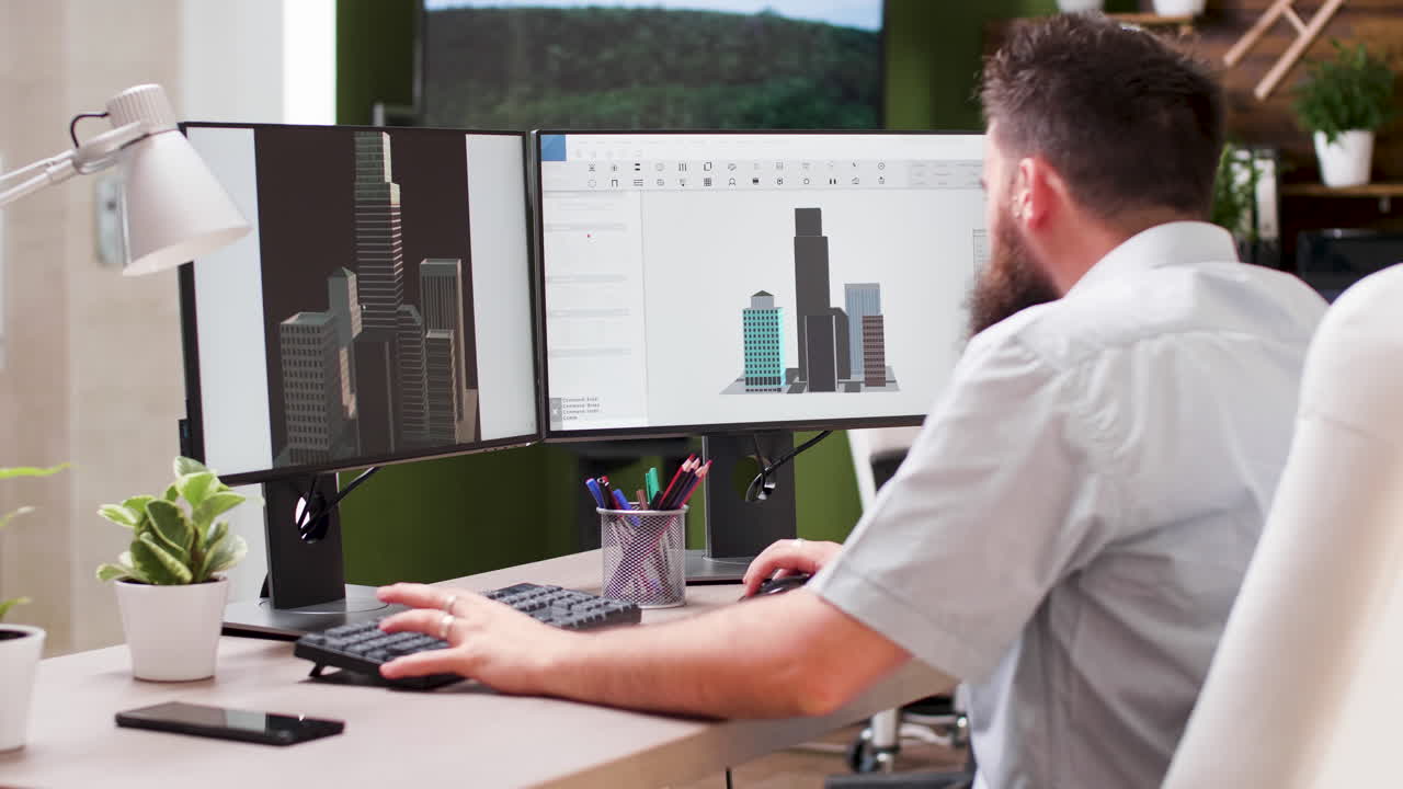 Man designing buildings on computer in the office