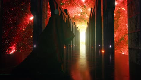 a figure in a dark cloak walks through a futuristic, cosmic archway