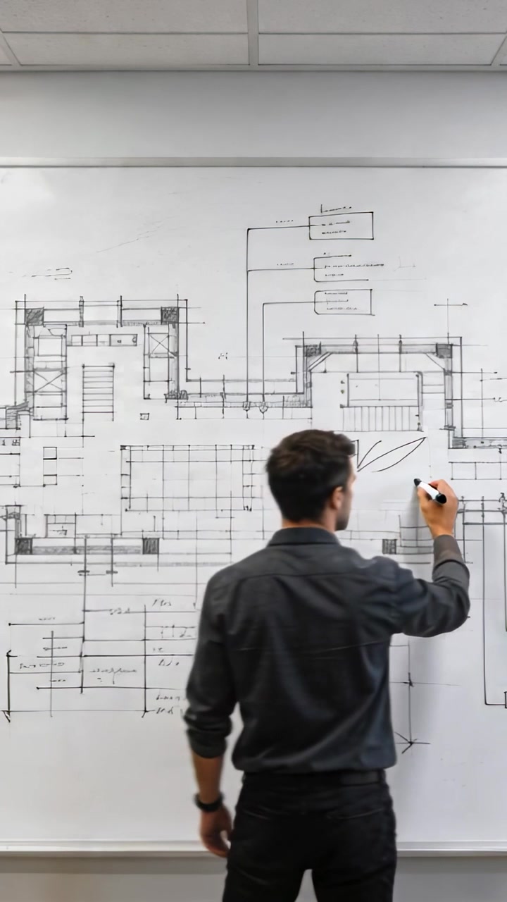 Vertical video: Starting architect marking floor plan on whiteboard in studio, wearing dark shirt