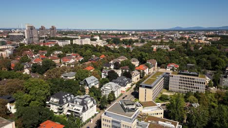 drone flight over mannheim oststadt on a sunny day – aerial view of vibrant cityscape, urban landscape, and modern architecture in bright weather