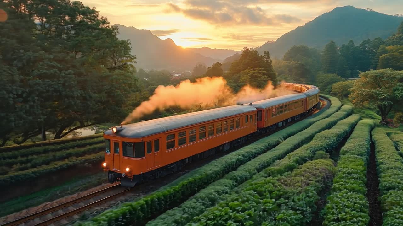 Scenic train journey through tea plantations at sunset