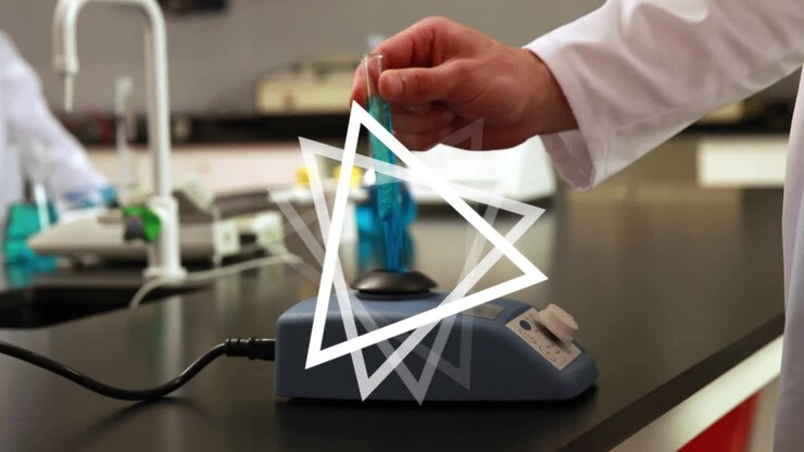 Hand holding test tube over laboratory equipment with triangle animation