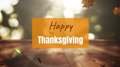 Animation-of-happy-thanksgiving-text-on-orange-banner-over-falling-leaves