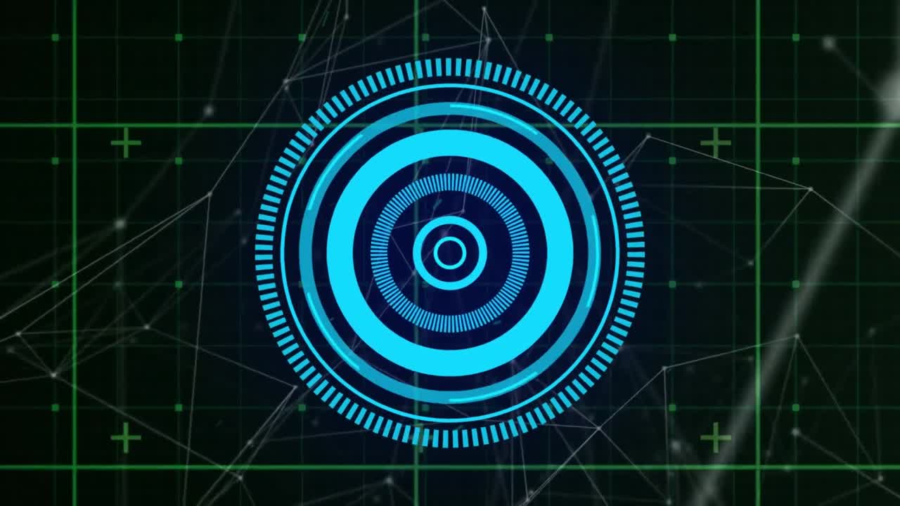 animación del escáner redondo y la red de conexiones a través de la red de red contra fondo negro