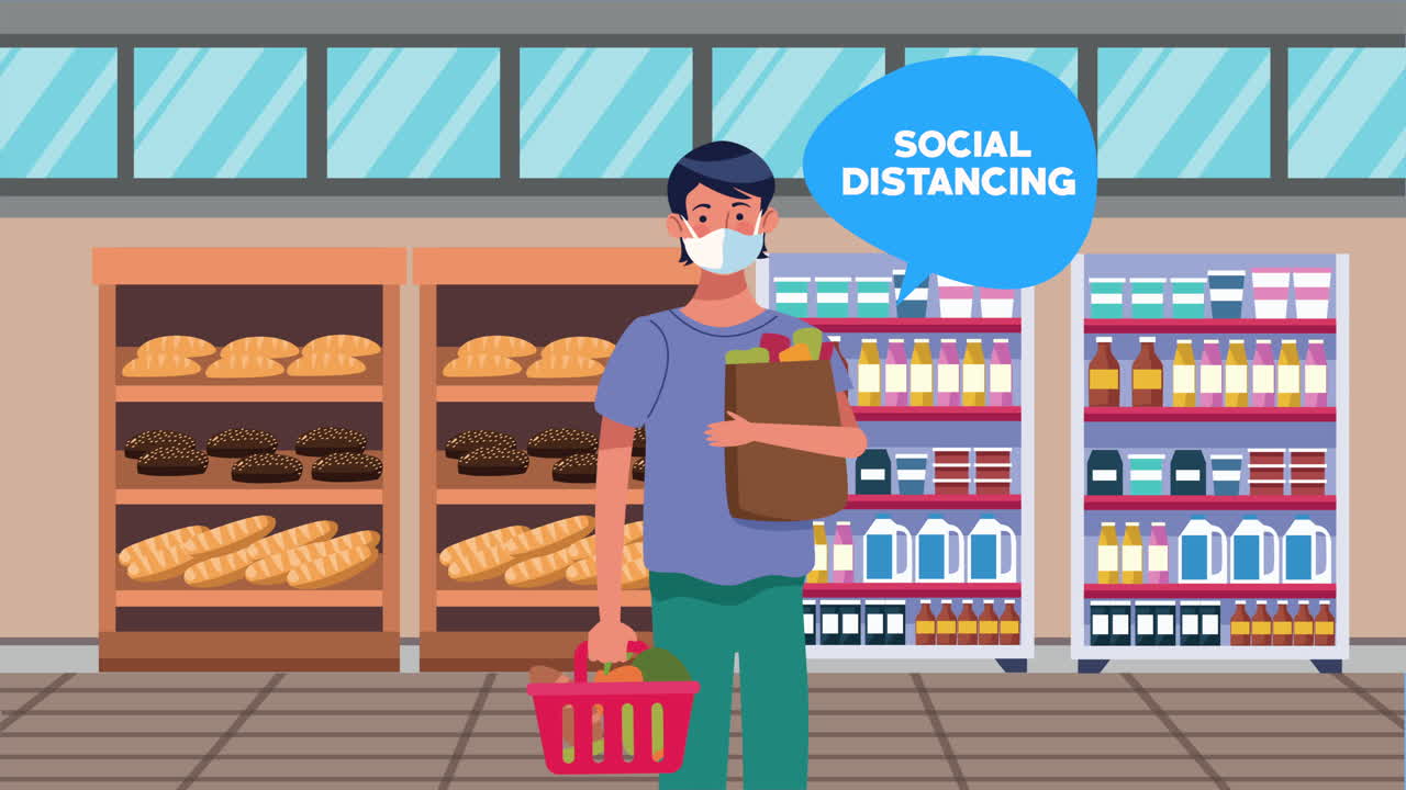 슈퍼마켓의 남성 고객들과의 사회적 거리 두기 캠페인