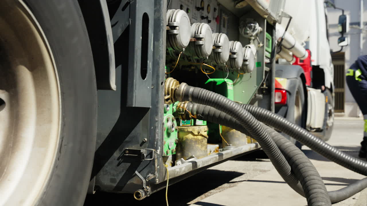 Fuel tanker truck refuels gas station tank during petrol shortage crisis
