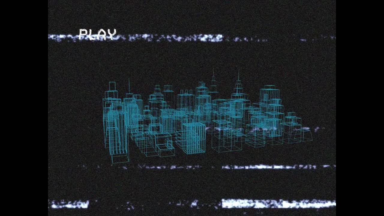 анимация игрового экрана над 3d городским рисунком, вращающимся на черном фоне