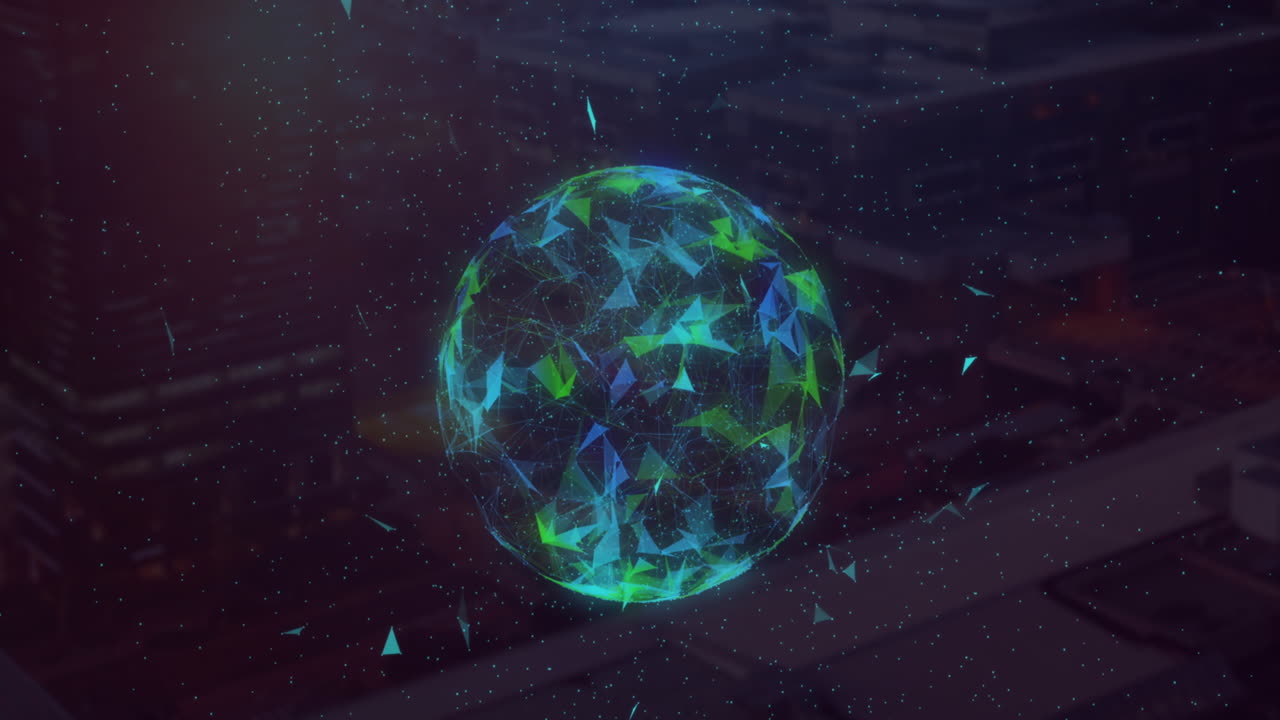 анимация белых частиц над глобусом сетей плекса, вращающихся на фоне воздушного вида городского пейзажа.