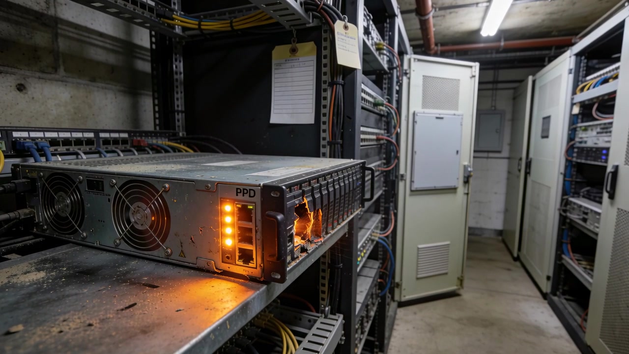Showing rack server unit PPD emitting orange glow, flickering LEDs from burn in utility room
