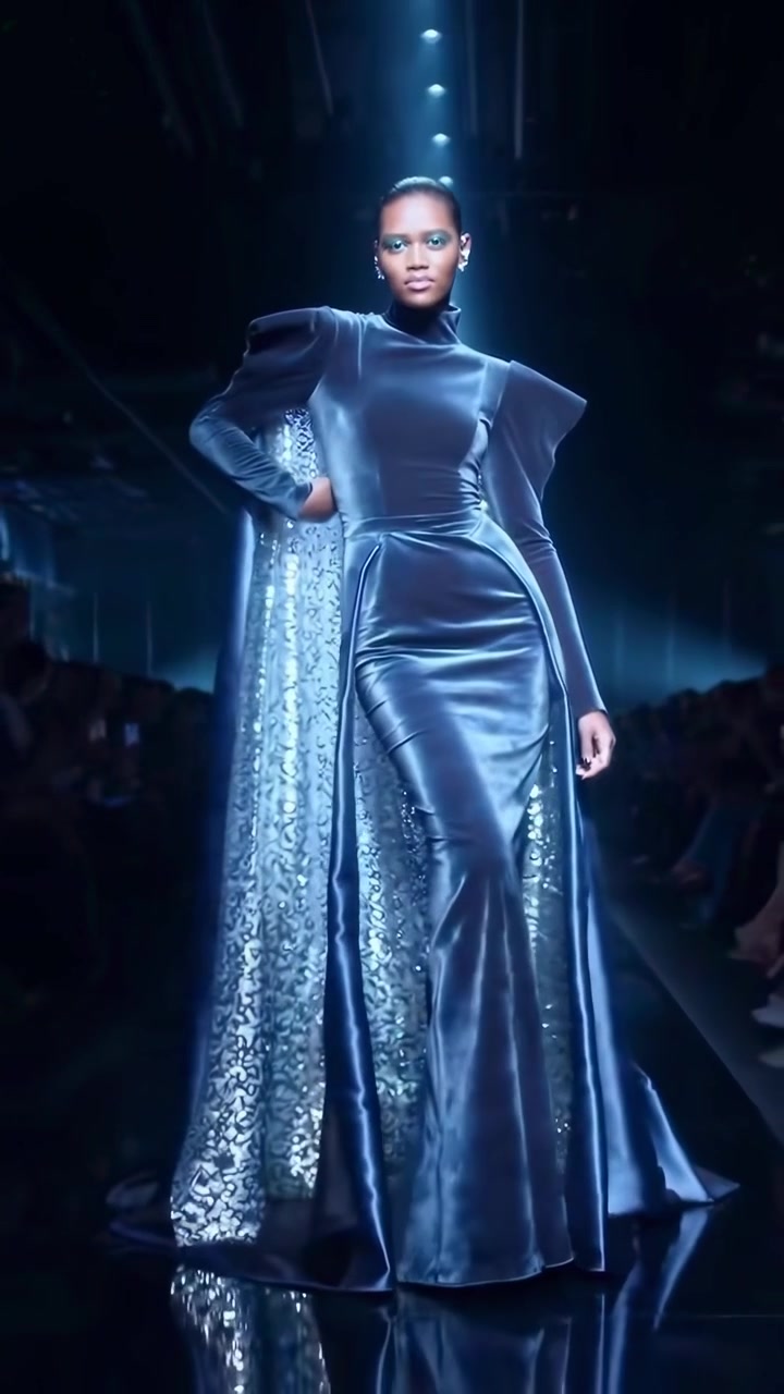 Modella che presenta un elegante abito da sera blu scuro su una passerella di moda