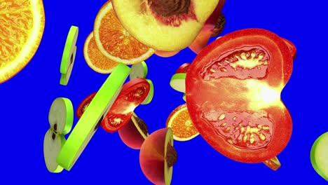 las rebanadas redondas de frutas caen desde la parte superior en la pantalla azul, bucle sin costuras, cg