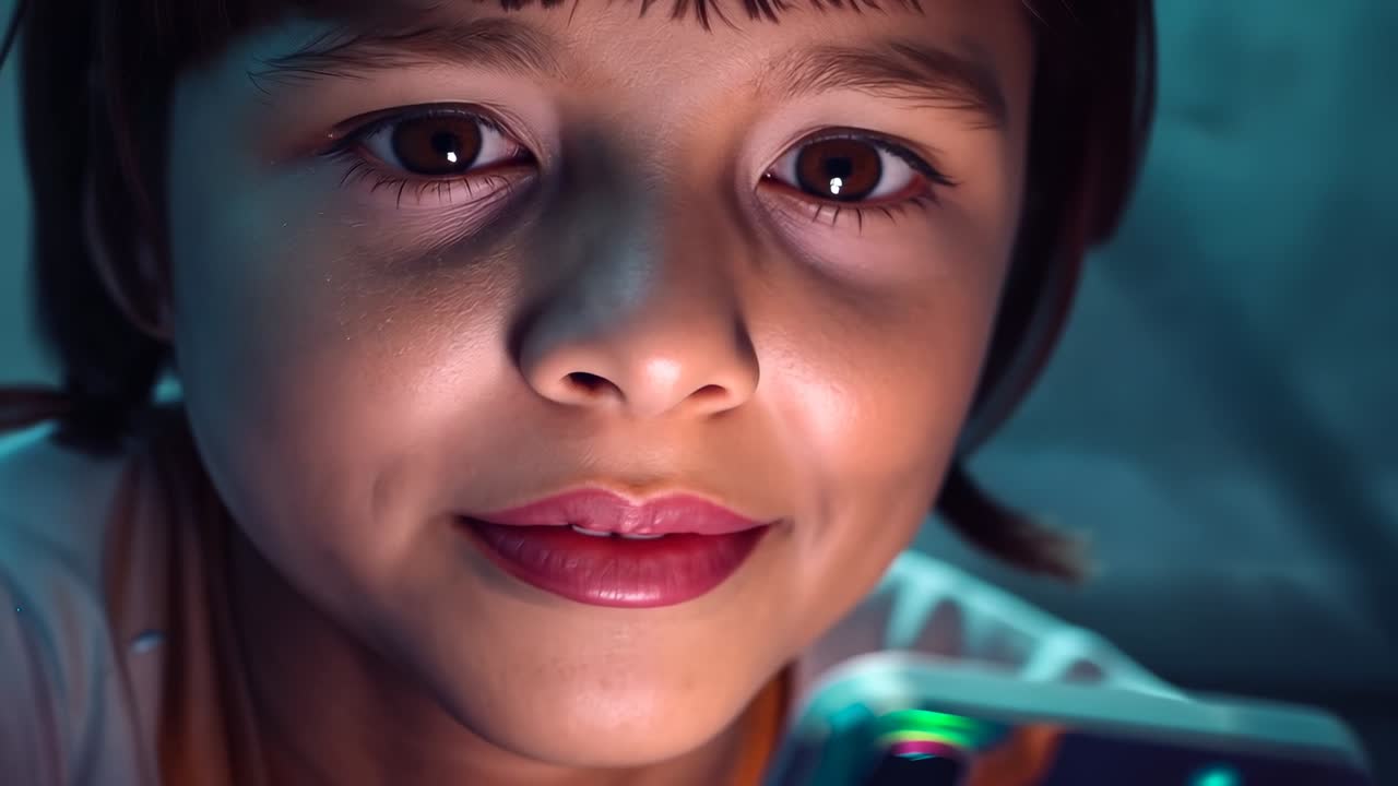 Responding to phone glow, child leaning, smiling in bed in striped top with colorful phone case