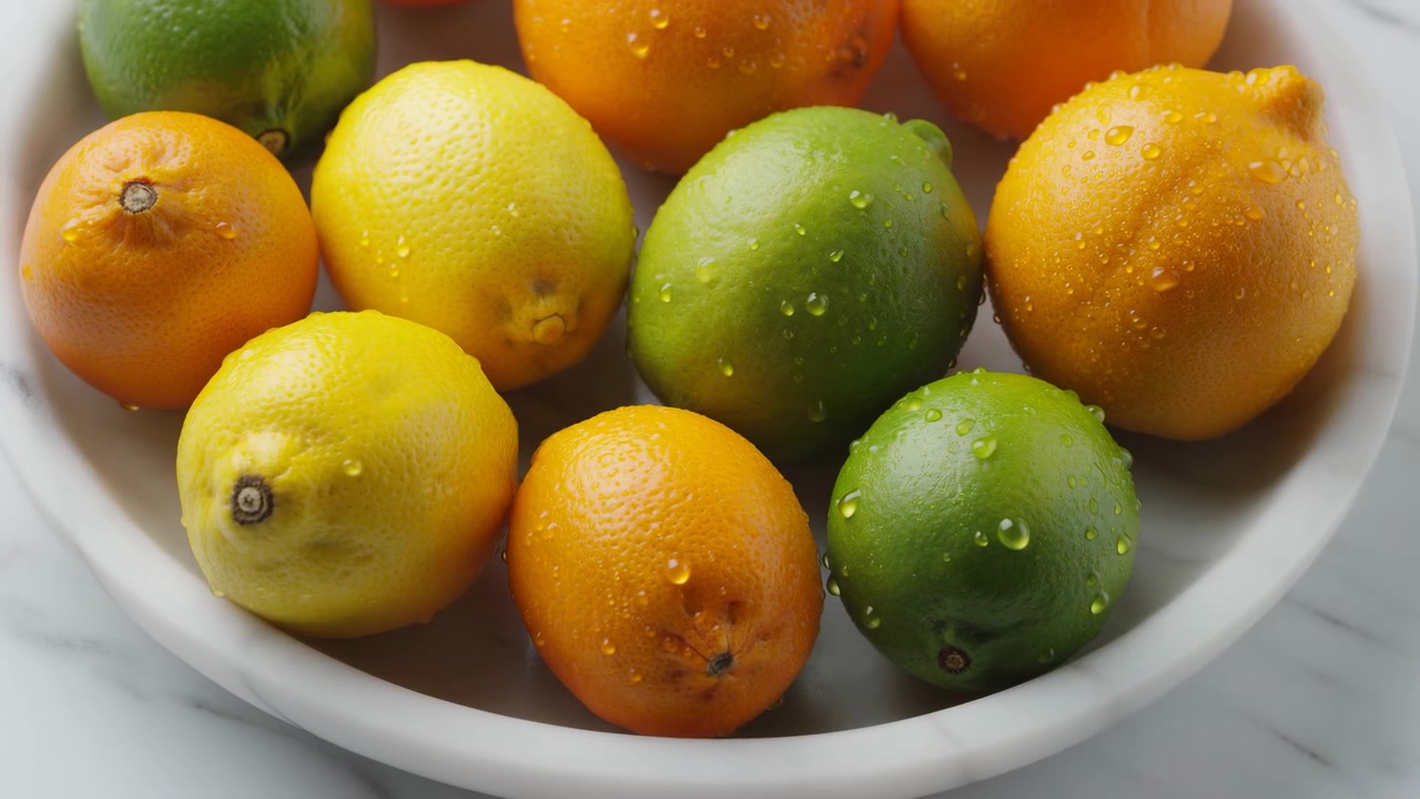 Nærbillede af blandede citrusfrugter, herunder appelsiner, citroner og limefrugter, arrangeret i en hvid skål på en blød grå baggrund, med synlige vanddråber der tilføjer et friskt præg.