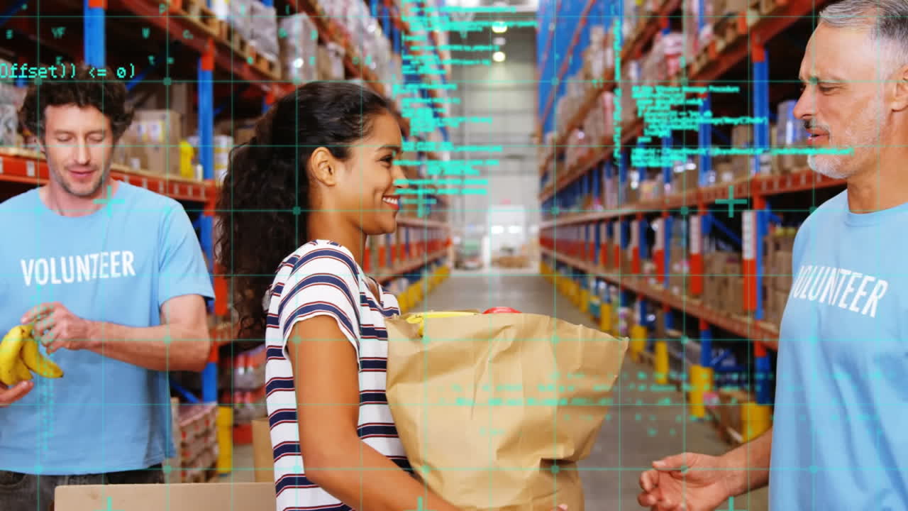 animación del procesamiento de datos sobre diversas personas que trabajan en el almacén