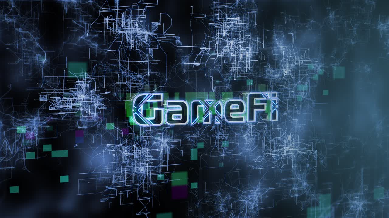 GameFi Concept Text Reveal Animation with Digital Abstract Background 3D Rendering for Web 3, Blockchain, Metaverse, Cryptocurrency