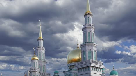 moscow cathedral mosque against the moving clouds, russia -- the main mosque in moscow, new landmark