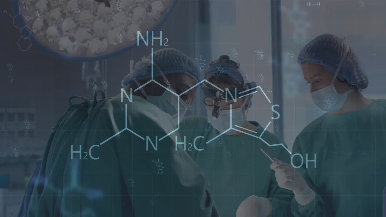 병원에서 다양한 외과 의사에 대한 과학적 데이터 처리의 애니메이션