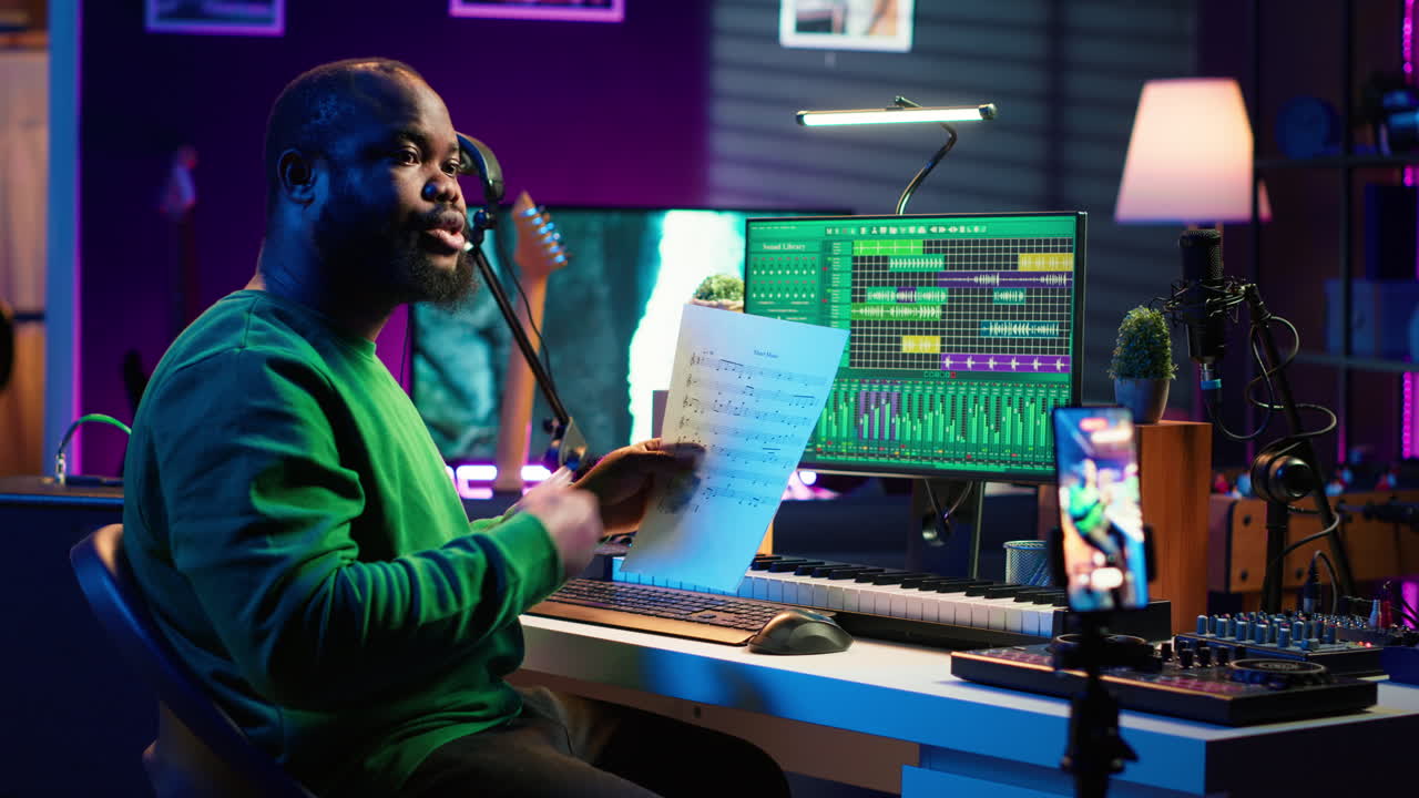 artista señalando la notación de la hoja musical para explicar las notas en el piano
