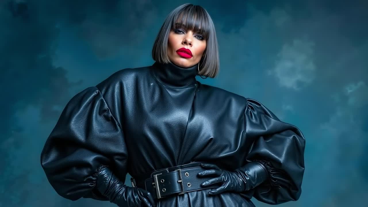 A woman in a black leather dress and gloves posing for a picture