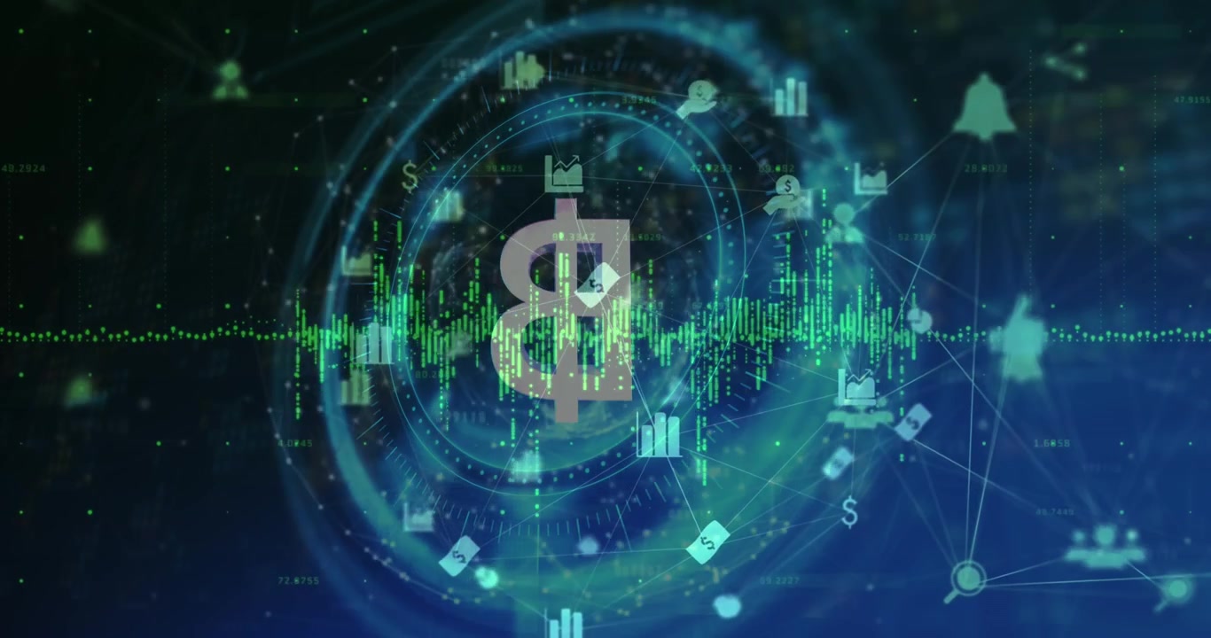 Onda verde che pulsa e forma anelli, con un glifo di valuta che emerge e icone che orbitano per la visualizzazione dei dati.