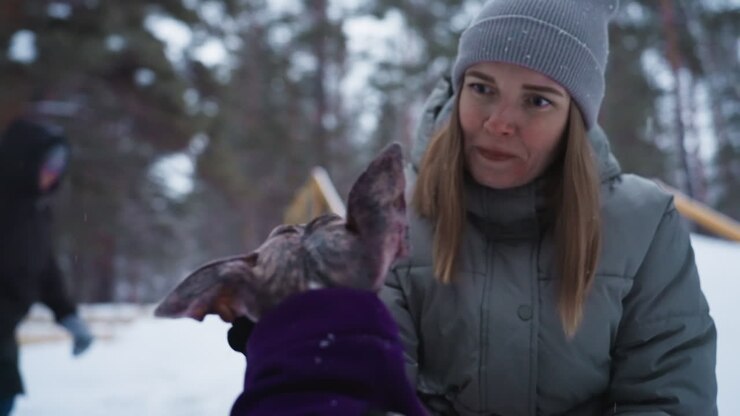 Woman in winter jacket and gray beanie petting greyhound dog outdoors in snowy forest as another person walks past in background, candid moment showing interaction, seasonal clothing, and cold weather