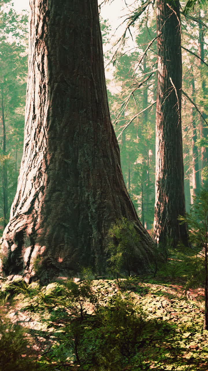 Sequoie giganti in una foresta nebbiosa